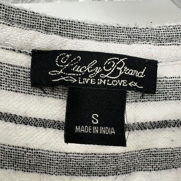 Lucky Brand Top Striped Long Sleeve Roll Tab Size S Black White Bohemian Casual - Picture 6 of 6